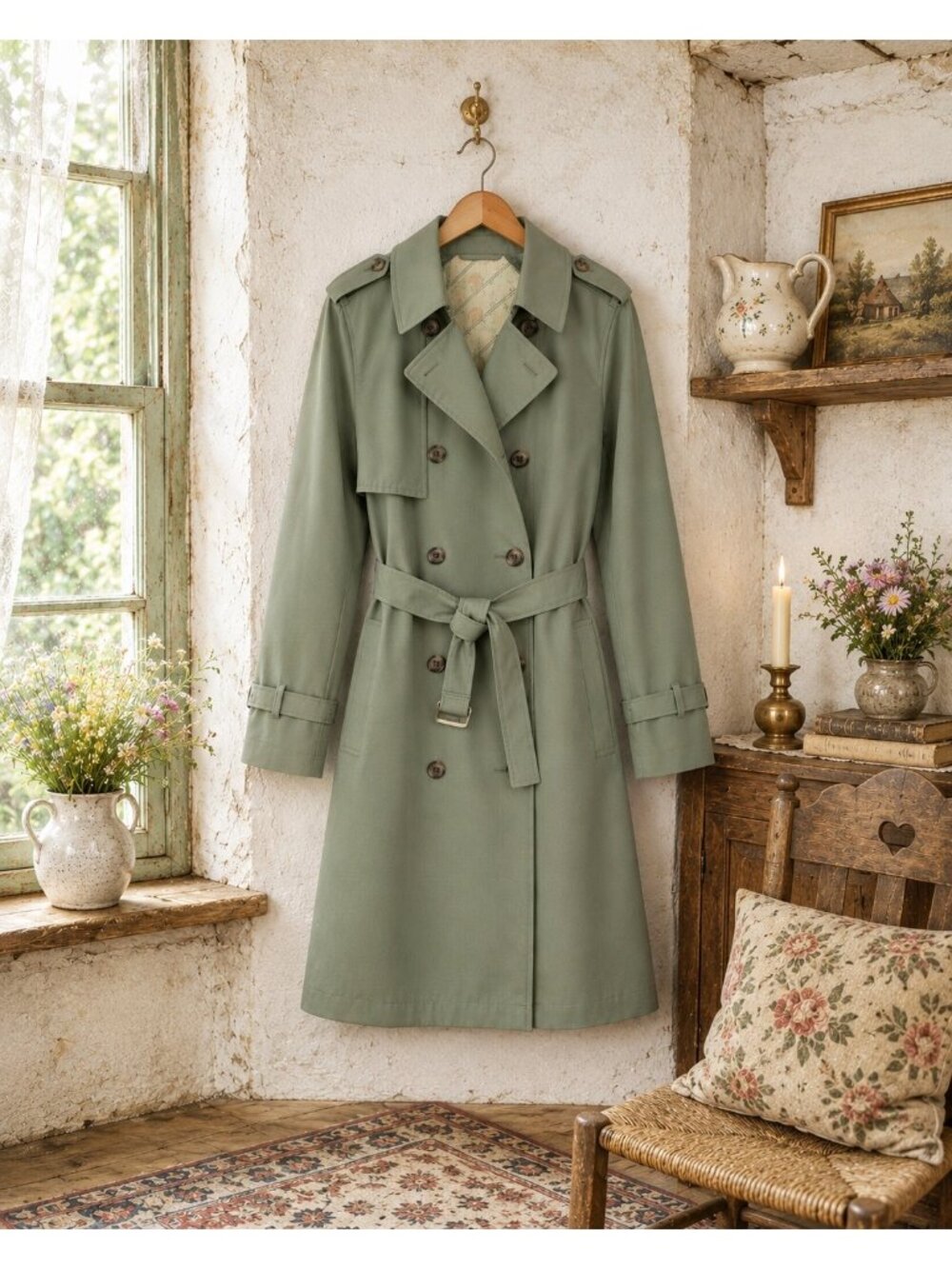 Vintage 80s London Fog Womens Green Double-Breast Trench Coat 8R Belt USA EUC